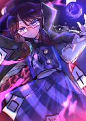 Rule 34 | 1girl, black cape, black hat, bow, brown hair, cape, card, city, clear sky, cloak, closed mouth, commentary request, gloves, hair between eyes, hat, hat bow, highres, long sleeves, looking at viewer, medium hair, moyashi (oekaki touhou), night, night sky, occult ball, outdoors, plaid, plaid skirt, plaid vest, purple eyes, purple skirt, purple vest, red cloak, runes, shirt, skirt, sky, smile, solo, star (symbol), touhou, two-sided cloak, two-sided fabric, urban legend in limbo, usami sumireko, vest, white gloves, white shirt, zener card