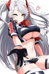Rule 34 | 1girl, azur lane, black gloves, blowing kiss, breasts, checkered clothes, cowboy shot, crop top, cropped jacket, gloves, grey hair, half gloves, halterneck, headset, heart, highres, houshi, large breasts, long hair, looking at viewer, midriff, miniskirt, navel, one eye closed, panty straps, prinz eugen (azur lane), prinz eugen (final lap) (azur lane), puckered lips, race queen, short sleeves, simple background, skirt, solo, swept bangs, thighhighs, two side up, underboob, very long hair, white background, yellow eyes