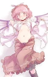 Rule 34 | 1girl, bare shoulders, bird wings, black panties, blush, brown hat, brown skirt, collarbone, commentary request, dress shirt, groin, hat, head tilt, long sleeves, looking at viewer, lying, mystia lorelei, navel, on back, panties, pink eyes, pink hair, rangycrow, shadow, shirt, simple background, skirt, solo, stomach, touhou, unbuttoned, unbuttoned shirt, underwear, white background, white shirt, wide sleeves, wings