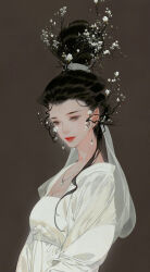 1girl black_hair breasts brown_background chinese_clothes cleavage duijin_ruqun earrings flower grey_eyes hair_branch hair_bun hair_flower hair_ornament hanfu highres ibuki_satsuki jewelry long_hair necklace original pointy_ears realistic red_lips solo tall_hair upper_body white_flower white_hanfu