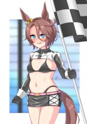 Rule 34 | 1girl, alternate costume, animal ears, belt, bikini, black bikini, black gloves, black jacket, black skirt, blue eyes, blush, breasts, brown hair, checkered flag, cleavage, clenched hand, clenched teeth, commentary request, cowboy shot, ear ornament, flag, gloves, hair between eyes, highleg, highleg bikini, highres, holding, holding pole, horse ears, horse girl, horse tail, jacket, long bangs, looking at viewer, multicolored clothes, multicolored jacket, narita taishin (umamusume), navel, partial commentary, pink belt, pole, race queen, shikairo, short hair, shrug (clothing), sidelocks, signature, skirt, small breasts, solo, standing, stomach, swimsuit, tail, teeth, two-tone jacket, umamusume, white jacket