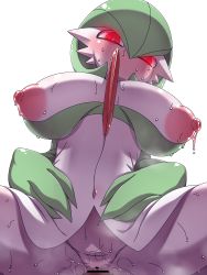 Rule 34 | 1girl, alpha pokemon, backlighting, bar censor, bob cut, breasts, breasts apart, censored, colored skin, covered navel, creatures (company), female focus, game freak, gardevoir, gen 3 pokemon, girl on top, glowing, glowing eyes, green hair, green skin, groin, hair between eyes, half-closed eyes, hanya (hanya yashiki), hetero, highres, huge breasts, interspecies, large areolae, looking at viewer, multicolored skin, nintendo, no mouth, pokemon, pokemon (creature), pokephilia, pov, puffy nipples, pussy, pussy juice, red eyes, sex, short hair, simple background, solo focus, spread legs, steam, steaming body, sweat, two-tone skin, vaginal, white background, white skin