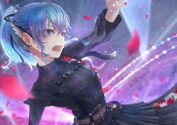 Rule 34 | 1girl, absurdres, belt, black ribbon, blue eyes, blue hair, braid, chest belt, commentary request, earrings, floral print, high collar, highres, hololive, hoshimachi suisei, hoshimachi suisei (shout in crisis), jewelry, long hair, long sleeves, official alternate costume, official alternate hairstyle, open mouth, petals, ponytail, ribbon, solo, virtual youtuber, yamamoto no ari