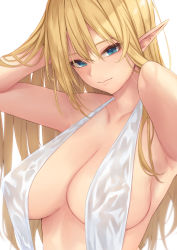Rule 34 | 1girl, anza tomo, arms behind head, blonde hair, blue eyes, blush, breasts, cleavage, closed mouth, collarbone, elf, large breasts, long hair, looking at viewer, one-piece swimsuit, original, pointy ears, slingshot swimsuit, smile, swimsuit, white one-piece swimsuit, white slingshot swimsuit