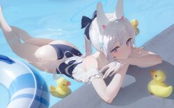 Rule 34 | 1girl, absurdres, afloat, animal ears, arm rest, ass, bare legs, blue archive, bow, dingding (chongsangjun), frilled one-piece swimsuit, frills, hair bow, halo, head rest, highres, innertube, lying, microphone, miyako (blue archive), miyako (swimsuit) (blue archive), on stomach, one-piece swimsuit, parted lips, ponytail, pool, purple eyes, rabbit ears, rubber duck, solo, swim ring, swimsuit, thighs, water, white hair