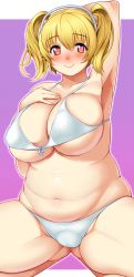 Rule 34 | 1girl, arm behind head, arm up, armpits, bad id, bad twitter id, belly, bikini, blonde hair, blush, breasts, cleavage, hand on own chest, headphones, heart, heart-shaped pupils, huge breasts, large breasts, looking at viewer, meme, navel, nitroplus, orange eyes, plump, red eyes, short hair, sitting, smile, solo, super pochaco, swimsuit, symbol-shaped pupils, twintails, vuccha