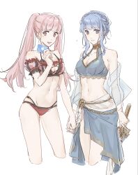 Rule 34 | 2girls, alternate costume, bikini, blue eyes, blue hair, breasts, cleavage, female focus, fire emblem, fire emblem: three houses, highres, hilda valentine goneril, hilda valentine goneril (summer), holding, holding hands, holding umbrella, large breasts, long hair, looking at viewer, marianne von edmund, marianne von edmund (summer), multi-strapped bikini bottom, multiple girls, nanao parakeet, navel, nintendo, official alternate costume, open mouth, pink bikini, pink eyes, pink hair, sarong, smile, standing, stomach, swimsuit, twintails, umbrella