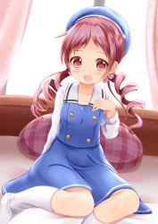 Rule 34 | 1girl, :d, bed, beret, blue hat, blue skirt, blue vest, blush, breasts, brown eyes, brown hair, collarbone, commentary request, curtains, gochuumon wa usagi desu ka?, hat, highres, indoors, kafuu chino&#039;s school uniform, kneehighs, long hair, long sleeves, looking at viewer, low twintails, natsu megumi, no shoes, on bed, open mouth, parted bangs, ringlets, school uniform, shirt, sidelocks, skirt, skirt set, small breasts, smile, socks, solo, sunlight, twintails, vest, white shirt, white socks, window, xenon (for achieve)
