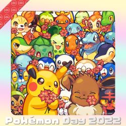 Rule 34 | &gt; &lt;, :3, ^ ^, animal focus, artist name, bandaid, bandaid on face, bandaid on nose, black eyes, blue eyes, blush, blush stickers, border, brown eyes, buck teeth, bulbasaur, charmander, chespin, chikorita, chimchar, closed eyes, closed mouth, colored sclera, copyright name, creatures (company), cyndaquil, dated, eevee, ekm, english text, everyone, fangs, fennekin, flower, freckles, froakie, fur collar, game freak, gen 1 pokemon, gen 2 pokemon, gen 3 pokemon, gen 4 pokemon, gen 5 pokemon, gen 6 pokemon, gen 7 pokemon, gen 8 pokemon, gracidea, grookey, half-closed eyes, happy, holding, holding flower, litten, looking at viewer, mouth hold, mudkip, nintendo, no humans, one eye closed, open mouth, oshawott, pikachu, piplup, poke ball symbol, pokemon, pokemon (creature), popplio, rainbow gradient, red eyes, red flower, rowlet, scorbunny, smile, snivy, sobble, squirtle, starter pokemon trio, teeth, tepig, torchic, totodile, treecko, turtwig, watermark, wink, yellow sclera