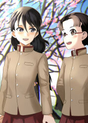 Rule 34 | 2girls, arms behind back, black eyes, black hair, blue sky, blurry, blurry background, brown eyes, brown jacket, cherry blossoms, chi-hatan school uniform, commentary, day, fukuda haru, girls und panzer, glasses, high collar, highres, jacket, kubota rin, long hair, long sleeves, looking at another, low-tied long hair, multiple girls, nmz zmn, open mouth, outdoors, pleated skirt, rimless eyewear, round eyewear, school uniform, skirt, sky, smile, standing, tree