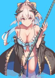 Rule 34 | 1girl, absurdres, bare shoulders, bikini, blue background, blue bikini, blue bow, bow, breasts, cleavage, closed mouth, collarbone, commentary, fate/grand order, fate (series), frilled bikini, frills, hair between eyes, highres, holding, holding staff, horns, japanese clothes, kiyohime (fate), kiyohime (fate/grand order), kiyohime (swimsuit lancer) (fate), kiyohime (swimsuit lancer) (third ascension) (fate), large breasts, long hair, long sleeves, navel, off shoulder, open clothes, pink hair, ponytail, red eyes, reflection, simple background, smile, solo, staff, stomach, swimsuit, wading, water, wide sleeves, xkirara39x