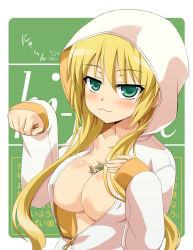 Rule 34 | 1girl, :3, bad id, bad pixiv id, between breasts, blonde hair, blush, breasts, cigarette, cleavage, green eyes, hood, hoodie, large breasts, long hair, naked hoodie, no bra, open clothes, paw pose, solo, source request, unzipped, uraichishi, zipper