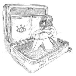 Rule 34 | 1girl, bad id, bad twitter id, closed mouth, fingernails, formal, from side, full body, glasses, greyscale, hatching (texture), highres, legs together, medium hair, monochrome, original, partially submerged, rolling suitcase, sitting, sketch, solo, suit, suitcase, sweater, traditional media, water, yo-yo, zero808w, zipper