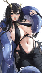 Rule 34 | 1girl, azur lane, black dress, black hair, black nails, blue eyes, blue pupils, breasts, chela77, commentary, dress, golden hind (azur lane), hands up, highres, horns, large breasts, long hair, looking at viewer, mole, mole under mouth, nail polish, navel, open mouth, raised eyebrows, revealing clothes, solo, suggestive fluid, symbol-only commentary, tentacles, tongue, tongue out, torn clothes