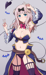 Rule 34 | 1girl, ^^^, absurdres, arm up, armpits, bat (animal), belt, bikini, black bow, blue bikini, blue eyes, blue sleeves, blue thighhighs, blunt bangs, blush, bow, bowtie, breasts, brown belt, cleavage, closed mouth, commentary request, cosplay, covered erect nipples, cowboy shot, crisis management form (machimazo), curled horns, demon girl, demon horns, demon tail, detached collar, detached sleeves, double v, eggman (pixiv28975023), emphasis lines, frilled sleeves, frills, fujiwara chika, garter straps, grey background, hair bow, hand up, highres, horns, kaguya-sama wa kokurasetai ~tensai-tachi no renai zunousen~, kohara konomi, large breasts, long hair, looking at viewer, machikado mazoku, navel, pink hair, red bow, red bowtie, revealing clothes, simple background, smile, solo, stomach, strapless, strapless bikini, swimsuit, tail, thighhighs, v, v over head, voice actor connection, waist cape, wide sleeves, yoshida yuuko (machikado mazoku), yoshida yuuko (machikado mazoku) (cosplay)