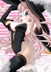 Rule 34 | 1girl, blue eyes, breasts, cleavage, elbow gloves, gloves, hat, leotard, long hair, megurine luka, natsu (piapro), nattsu, pantyhose, pink hair, smile, solo, thighhighs, vocaloid, witch hat