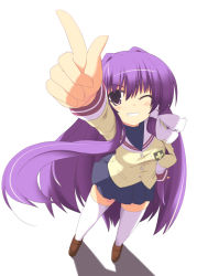 Rule 34 | 00s, 1girl, ;d, arm up, blush, clannad, from above, fujibayashi kyou, grin, kugui kiyunemu, looking up, one eye closed, open mouth, pointing, pointing up, purple eyes, purple hair, simple background, smile, solo, thighhighs, white background, white thighhighs, zettai ryouiki
