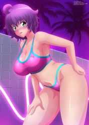 Rule 34 | 1girl, absurdres, blush, breasts, cleavage, green eyes, hand on own hip, hand on own thigh, hand on thigh, highres, large breasts, leaning forward, looking at viewer, navel, open mouth, original, purple hair, short hair, sports bra, sportswear, thick thighs, thighs, yukino akaihi, yukino memories, zel-sama