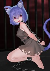 Rule 34 | 1girl, :o, absurdres, animal ear fluff, animal ears, arms behind back, bad feet, barefoot, bdsm, bondage, bound, cat ears, cat girl, cat tail, chain, commentary, crossed bangs, falken (yutozin), from side, highres, iron bars, kneeling, looking at viewer, original, purple eyes, purple hair, rags, restrained, short hair, soles, solo, tail, toes