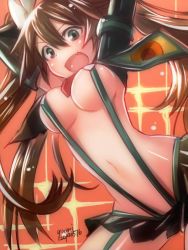 Rule 34 | 1girl, breasts, brown eyes, brown hair, cosplay, elbow gloves, fang, from below, gloves, green eyes, hair between eyes, hair ribbon, kantai collection, kill la kill, living clothes, long hair, looking at viewer, matoi ryuuko, matoi ryuuko (cosplay), medium breasts, microskirt, midriff, naked suspenders, navel, open mouth, revealing clothes, ribbon, skirt, solo, sparkle, suspenders, tone (kancolle), twintails, underboob, yumi yumi