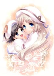 Rule 34 | 2girls, :d, blue eyes, brown hair, cape, flower, gradient background, hat, kud wafter, little busters!, mother and daughter, multiple girls, naoe kaya, noumi kudryavka, open mouth, rose, smile, spoilers, white flower, white hair, white rose, zen