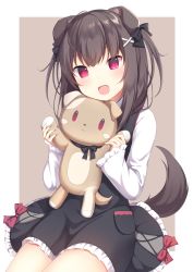 Rule 34 | 1girl, :d, amashiro natsuki, animal ears, bad id, bad pixiv id, black bow, black dress, blush, bow, brown background, brown hair, commentary request, dog ears, dog girl, dog tail, dress, fang, frilled dress, frills, hair bow, hair ornament, head tilt, highres, holding, holding stuffed toy, long hair, long sleeves, looking at viewer, open mouth, original, pocket, purple eyes, red bow, shirt, sitting, sleeves past wrists, smile, solo, stuffed animal, stuffed dog, stuffed toy, tail, two-tone background, white background, white shirt, x hair ornament