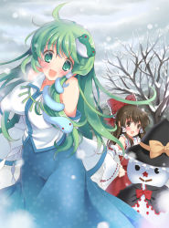 Rule 34 | 2girls, :d, aqua eyes, arms behind back, bad id, bad pixiv id, bare shoulders, blush, bow, breasts, breath, brown hair, cosplay, covered erect nipples, day, detached sleeves, female focus, green eyes, green hair, hair bow, hair ornament, hakurei reimu, hand on own hip, hat, hip focus, japanese clothes, kirisame marisa, kirisame marisa (cosplay), kochiya sanae, large breasts, long hair, miko, multiple girls, no nose, open mouth, outdoors, pan (mimi), perfect cherry blossom, smile, snake, snow, snowing, snowman, star (symbol), touhou, winter, witch, witch hat