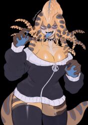 Rule 34 | 1girl, absurdres, black background, black collar, black jacket, blonde hair, blue-ringed octopus, blue eyes, blue hair, blue tongue, breasts, brown hair, claw pose, collar, colored skin, colored tongue, cowboy shot, fangs, hands up, highres, jacket, large breasts, long sleeves, looking at viewer, multicolored hair, off shoulder, open mouth, original, sidelocks, simple background, skin fangs, solo, spiked collar, spikes, standing, sumosamo, tail, tentacle hair, thighhighs, tongue, tongue out, webbed hands, yellow skin