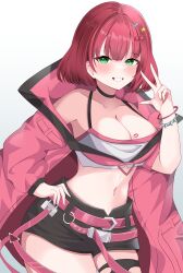Rule 34 | 1girl, absurdres, asymmetrical sleeves, bare shoulders, belt, black choker, black shorts, black thighhighs, blush, bracelet, breasts, choker, cleavage, coat, collarbone, commentary, cowboy shot, crop top, duel monster, evil twin ki-sikil, green eyes, grin, hair ornament, highres, jewelry, ki-sikil (yu-gi-oh!), lafremi, large breasts, lipstick mark, lipstick mark on breast, looking at viewer, midriff, navel, off shoulder, official alternate costume, open clothes, open coat, pink belt, pink coat, pink hair, short hair, short shorts, shorts, sidelocks, simple background, single thighhigh, skindentation, smile, solo, spiked bracelet, spikes, standing, tank top, teeth, thighhighs, torn clothes, torn thighhighs, v, white background, white tank top, yu-gi-oh!
