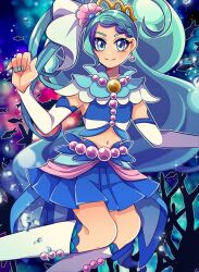 Rule 34 | 1girl, 1jumangoku, beads, blue collar, blue eyes, blue hair, blue nails, blue shirt, blue skirt, braid, bubble, closed mouth, collar, commentary request, coral, cure mermaid, detached sleeves, earrings, feet out of frame, fish, galaxy, gem, go! princess precure, gradient hair, jewelry, kneehighs, lace-trimmed socks, light blush, long eyelashes, long hair, looking at viewer, loose hair strand, magical girl, midriff, miniskirt, multicolored hair, nail polish, navel, pearl (gemstone), pleated skirt, precure, shell, shell earrings, shell hair ornament, shirt, simple background, single braid, skirt, sleeveless, sleeveless shirt, smile, socks, solo, sparkle, tiara, underwater, very long hair, vest, wavy hair, white sleeves, white socks, white vest, yellow headwear