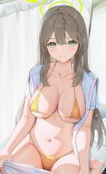 Rule 34 | 1girl, absurdres, barefoot, bikini, blue archive, blush, breasts, brown hair, cleavage, collarbone, commentary, green eyes, grey background, grin, halo, halterneck, highres, holding, jacket, large breasts, long hair, looking at viewer, micro bikini, navel, nonomi (blue archive), nonomi (swimsuit) (blue archive), official alternate costume, open clothes, open jacket, paid reward available, parted lips, rosumerii, short sleeves, sideboob, sidelocks, sitting, skindentation, smile, solo, stomach, strap gap, string bikini, swimsuit, swimsuit under clothes, teeth, thighs, underboob, white jacket, yellow bikini, zipper pull tab