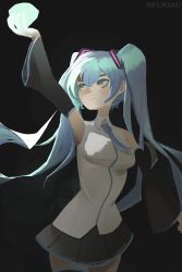 Rule 34 | 1girl, aqua eyes, aqua hair, aqua necktie, arm up, armpits, bare shoulders, black background, black skirt, black sleeves, breasts, chaos emerald, collared shirt, commentary, cowboy shot, detached sleeves, english commentary, gem, grey shirt, hatsune miku, highres, long hair, looking at object, necktie, pleated skirt, shirt, silver (smolround), skirt, sleeveless, sleeveless shirt, smile, solo, sonic (series), thighhighs, twintails, very long hair, vocaloid