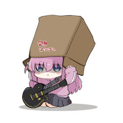 Rule 34 | 1girl, black skirt, blue eyes, blush stickers, bocchi the rock!, box, cardboard box, chibi, commentary request, cube hair ornament, eyes visible through hair, full body, gotoh hitori, hair ornament, hair over eyes, highres, jacket, long hair, long sleeves, nozo (hitomiz), on head, one side up, parted lips, pink hair, pink jacket, pleated skirt, puffy long sleeves, puffy sleeves, shadow, simple background, skirt, sleeves past wrists, solo, track jacket, translation request, very long hair, white background