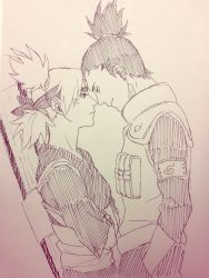 Rule 34 | 1boy, 1girl, crossed arms, eye contact, flak jacket, forehead-to-forehead, forehead protector, hands in pockets, headband, heads together, jacket, looking at another, monochrome, nara shikamaru, naruto (series), naruto shippuuden, quad tails, sketch, smirk, standing, temari (naruto)