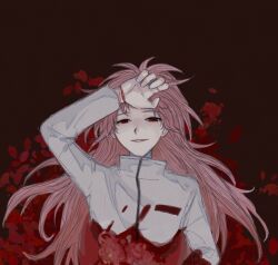 Rule 34 | 1boy, bleeding, blood, chinese commentary, commentary request, guro, hand on forehead, hatsutori hajime, long hair, long sleeves, male focus, pink hair, red background, red eyes, saibou shinkyoku, shirt, smile, solo, wenhaoer, white shirt