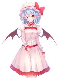 Rule 34 | 1girl, bat wings, blue hair, blush, bow, breasts, center frills, commentary, dress, feet out of frame, frilled dress, frilled sleeves, frills, hair between eyes, hat, hat bow, head tilt, juliet sleeves, junior27016, long sleeves, looking at viewer, medium breasts, mob cap, neck ribbon, pointy ears, puffy sleeves, red bow, red eyes, red ribbon, remilia scarlet, ribbon, short hair, simple background, smile, solo, standing, touhou, white background, white dress, white hat, wings