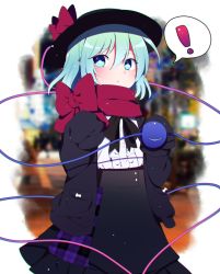 Rule 34 | !, 1girl, :&lt;, alternate costume, black hat, bow, closed mouth, green eyes, green hair, hat, hat bow, highres, komeiji koishi, long sleeves, looking at viewer, plaid, red bow, red scarf, scarf, short hair, solo, spoken exclamation mark, standing, touhou, you (noanoamoemoe)