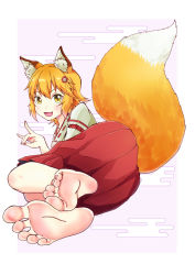 Rule 34 | animal ears, barefoot, blush, foot tease, fox ears, happy, highres, leaning forward, lying, moaning, senko (sewayaki kitsune no senko-san), sewayaki kitsune no senko-san, smile, spread legs