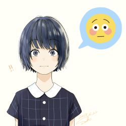 Rule 34 | !, !!, 1girl, :i, absurdres, blush, bob cut, closed mouth, dated, emoji, grey eyes, grey hair, highres, looking at viewer, original, sako (35s 00), shirt, short hair, short sleeves, signature, simple background, solo, speech bubble, upper body, white background, wide-eyed