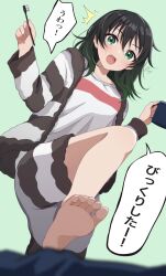 Rule 34 | 1girl, barefoot, black hair, black shorts, blurry, blurry foreground, blush, cup, dutch angle, feet, foot focus, gradient hair, green background, green eyes, green hair, hair between eyes, hair down, highres, holding, holding cup, holding toothbrush, looking at viewer, love live!, love live! nijigasaki high school idol club, medium hair, multicolored hair, open mouth, pajamas, pukonuu, shirt, shorts, signature, speech bubble, takasaki yu, teeth, toothbrush, translation request, two-tone hair, upper teeth only, white shirt