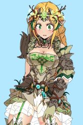 Rule 34 | 1girl, armor, blonde hair, blue background, branch, dungeon and fighter, elven knight (dungeon and fighter), flower, highres, knight (dungeon and fighter), long hair, see-through, see-through skirt, shoulder armor, skirt, solo, sss (komojinos3), surprised, thighs, upper body