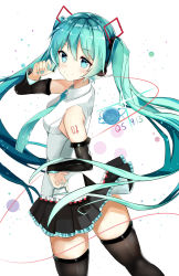Rule 34 | 1girl, absurdres, aqua eyes, aqua hair, aqua nails, bad id, bad pixiv id, black thighhighs, blush, breasts, cable, dated, detached sleeves, enico, from behind, hand on own hip, hatsune miku, headset, highres, long hair, nail polish, necktie, pleated skirt, skirt, small breasts, smile, solo, tattoo, thighhighs, twintails, very long hair, vocaloid, zettai ryouiki
