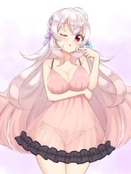 Rule 34 | 1girl, :o, absurdres, blush, braid, breast hold, breasts, chemise, commentary, cowboy shot, finger to cheek, frilled chemise, gradient hair, hair ribbon, highres, indie virtual youtuber, large breasts, long hair, looking at viewer, multicolored hair, navel, one eye closed, open mouth, panties, pink hair, pink panties, purple background, red eyes, ribbon, see-through, shiraha maru, side-tie panties, solo, standing, string panties, thigh gap, underwear, urato chieru, very long hair, white hair