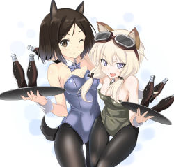 Rule 34 | 2girls, ;), a9b (louis814), absurdres, animal ears, black hair, black legwear, blonde hair, blue bow, blue leotard, bottle, bow, breasts, brown eyes, carla j. luksic, choker, cleavage, collarbone, cowboy shot, eyewear on head, green leotard, grey eyes, highres, holding, holding bottle, kittysuit, kuroda kunika, leotard, long hair, looking at viewer, medium breasts, multiple girls, nontraditional playboy bunny, one eye closed, pantyhose, parted bangs, playboy bunny, short hair, simple background, small breasts, smile, strapless, strapless leotard, strike witches, tail, white background, world witches series, wrist cuffs
