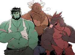 Rule 34 | 3boys, aldere (kokukokuboo), animal ears, baggy clothes, bara, beard, belly, black hair, black tank top, brown fur, casual, chest hair, chest tuft, clothes lift, colored skin, cow ears, cow horns, cowboy shot, dragon boy, dungeons &amp; dragons, facial hair, furry, furry male, garza (kokukokuboo), green skin, groin, hand in pocket, head tilt, highres, horns, huge eyebrows, huge pectorals, jorunga (kokukokuboo), kokukokuboo, large areolae, large pectorals, lifted by self, looking at viewer, male focus, male underwear, male underwear peek, mature male, midriff peek, minotaur, monster boy, multiple boys, muscular, muscular male, navel hair, necklace between pecs, nipples, one eye closed, orc, original, pectorals, pointy ears, scales, scar, scar on face, scar on nose, shirt lift, short hair, sweat, tank top, thick eyebrows, tusks, underwear, white tank top