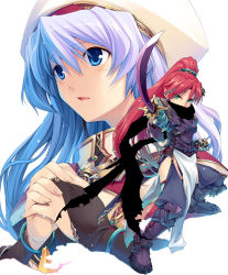 Rule 34 | aqua hair, blue eyes, boots, bridal gauntlets, fantasy, green eyes, hat, hiiro yuki, katana, original, own hands clasped, own hands together, ponytail, red hair, scarf, sword, weapon