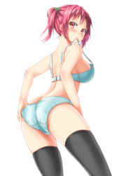 Rule 34 | 1girl, alexmaster, ass, bare arms, black thighhighs, blue bra, blue panties, blush, bra, breasts, cowboy shot, from behind, highres, large breasts, looking at viewer, looking back, mouth hold, original, panties, pink eyes, red hair, simple background, solo, thighhighs, twintails, underwear, underwear only, undressing, white background