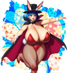 Rule 34 | 1girl, animal ears, black hat, blue hair, blush, bow, bowtie, breasts, cape, cleavage, curvy, detached collar, earrings, easter, easter egg, egg, erkaz, fake animal ears, fishnet pantyhose, fishnets, hat, heels, highres, huge breasts, jewelry, leg up, leotard, looking at viewer, open mouth, original, pantyhose, pink eyes, playboy bunny, rabbit ears, rabbit tail, red leotard, rina atherina, shiny clothes, shiny skin, short hair, skindentation, smile, solo, standing, standing on one leg, teeth, thick thighs, thighs, top hat, wide hips, wrist cuffs