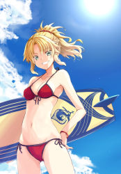 Rule 34 | 1girl, bikini, blonde hair, bracelet, breasts, cloud, cowboy shot, day, fate/apocrypha, fate/grand order, fate (series), front-tie top, green eyes, grin, halterneck, jewelry, long hair, looking at viewer, mordred (fate), mordred (fate) (all), mordred (fate/apocrypha), mordred (swimsuit rider) (fate), mordred (swimsuit rider) (first ascension) (fate), ponytail, red bikini, shibamine takashi, side-tie bikini bottom, sky, small breasts, smile, solo, string bikini, sun, surfboard, swimsuit