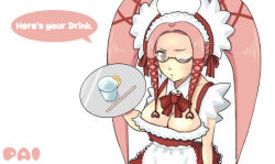 Rule 34 | .hack//, .hack//g.u., .hack//games, 00s, 1girl, bandai, breasts, bursting breasts, cleavage, cyber connect 2, english text, glasses, lowres, maid, pi (.hack//), pink hair, solo, twintails, waitress